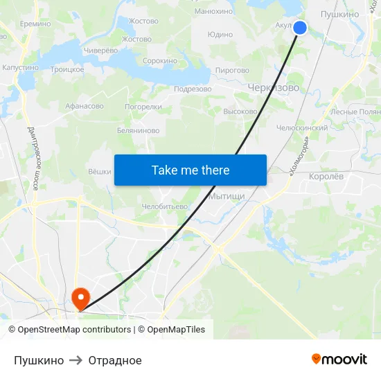 Пушкино to Отрадное map