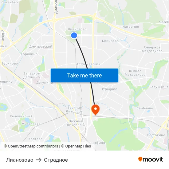 Лианозово to Отрадное map