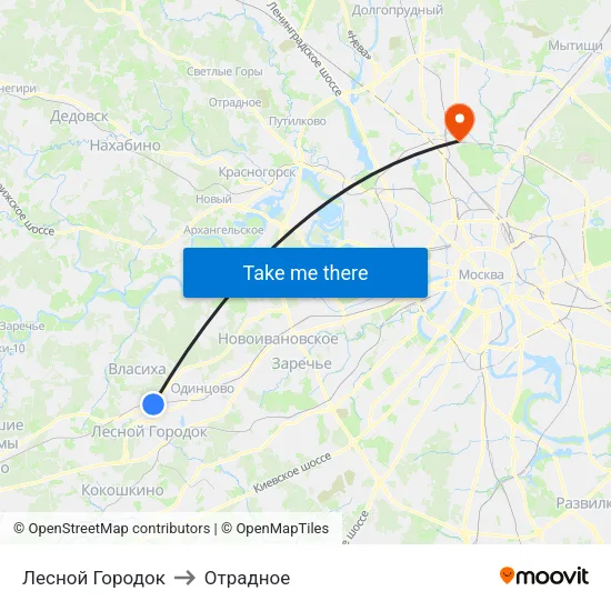 Лесной Городок to Отрадное map