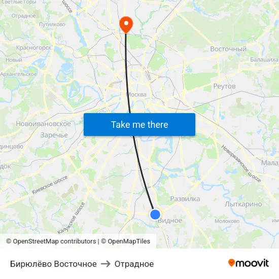 Бирюлёво Восточное to Отрадное map