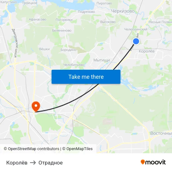 Королёв to Отрадное map