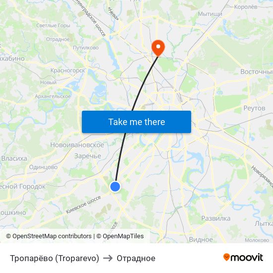 Тропарёво (Troparevo) to Отрадное map