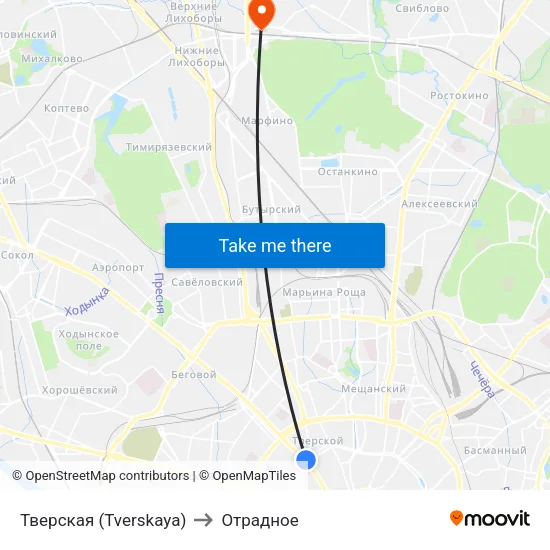 Тверская (Tverskaya) to Отрадное map