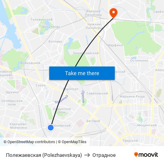 Полежаевская (Polezhaevskaya) to Отрадное map