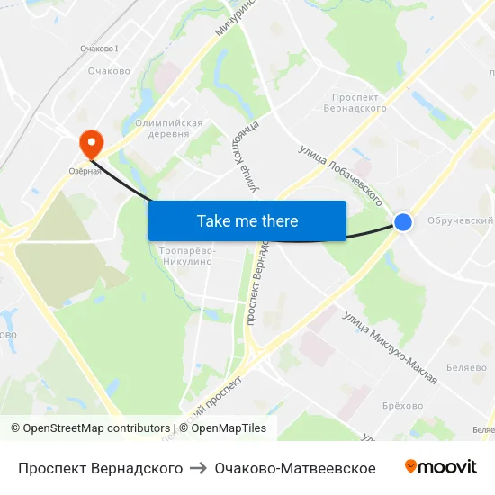 Проспект Вернадского to Очаково-Матвеевское map