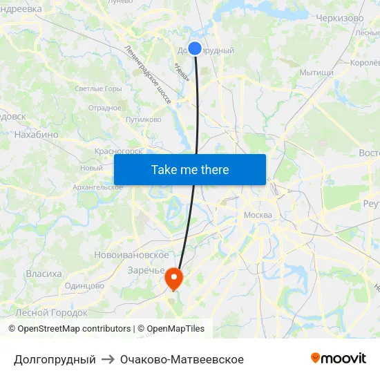 Долгопрудный to Очаково-Матвеевское map