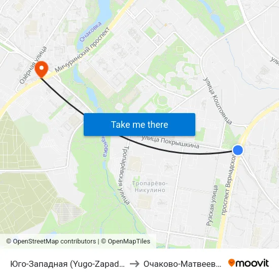 Юго-Западная (Yugo-Zapadnaya) to Очаково-Матвеевское map