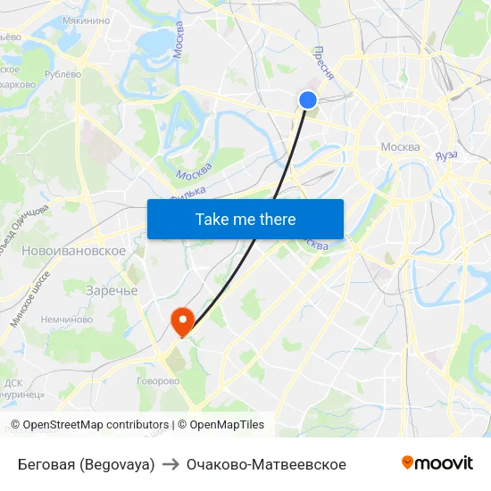 Беговая (Begovaya) to Очаково-Матвеевское map