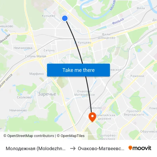 Молодежная (Molodezhnaya) to Очаково-Матвеевское map