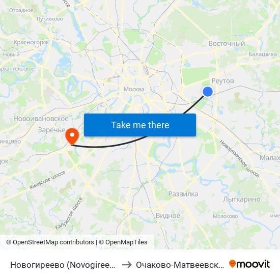 Новогиреево (Novogireevo) to Очаково-Матвеевское map