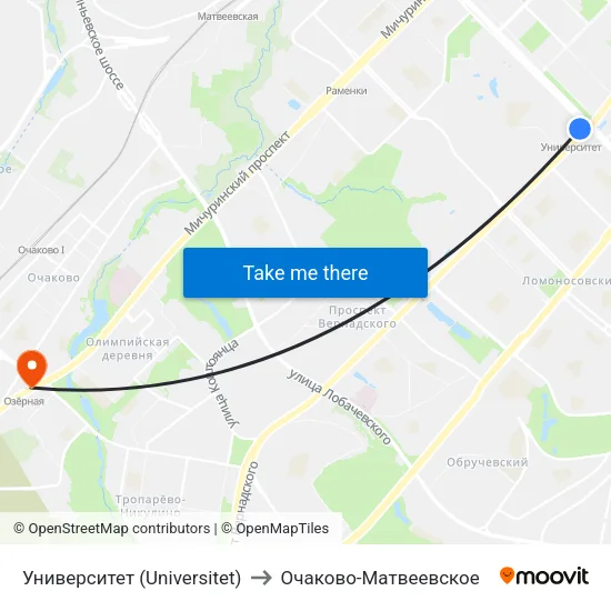 Университет (Universitet) to Очаково-Матвеевское map