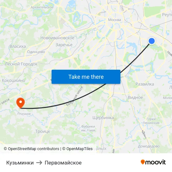 Кузьминки to Первомайское map