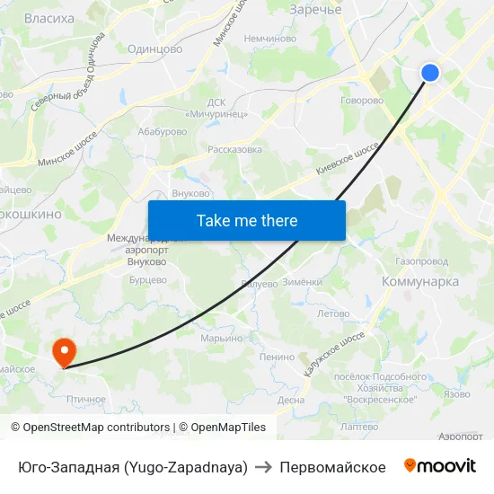 Юго-Западная (Yugo-Zapadnaya) to Первомайское map