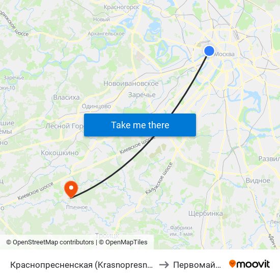Краснопресненская (Krasnopresnenskaya) to Первомайское map