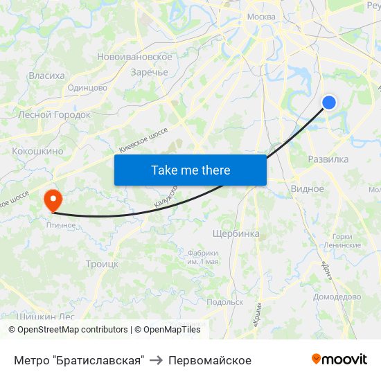 Метро "Братиславская" to Первомайское map