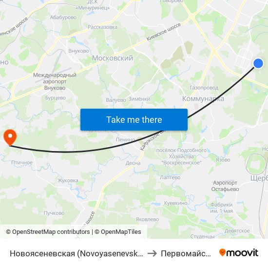 Новоясеневская (Novoyasenevskaya) to Первомайское map