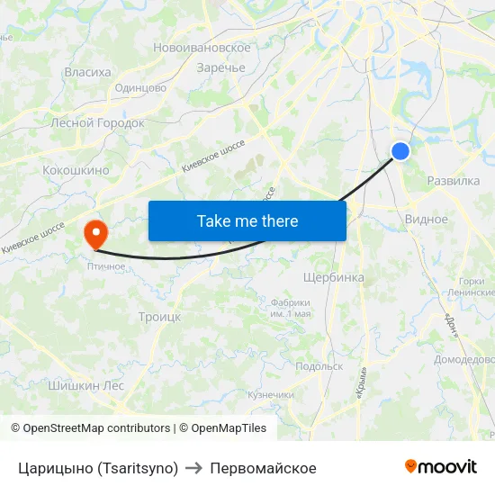 Царицыно (Tsaritsyno) to Первомайское map