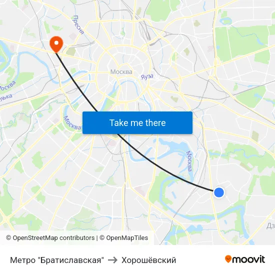 Метро "Братиславская" to Хорошёвский map