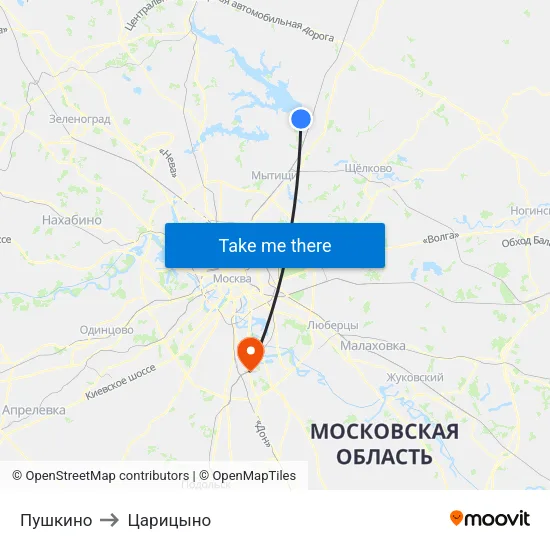 Пушкино to Царицыно map
