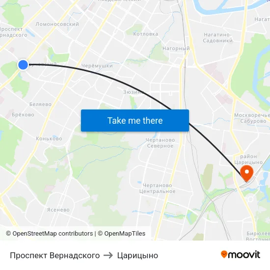 Проспект Вернадского to Царицыно map