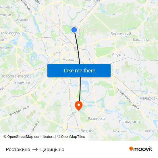 Ростокино to Царицыно map