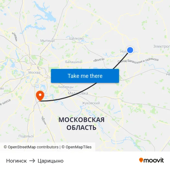 Ногинск to Царицыно map