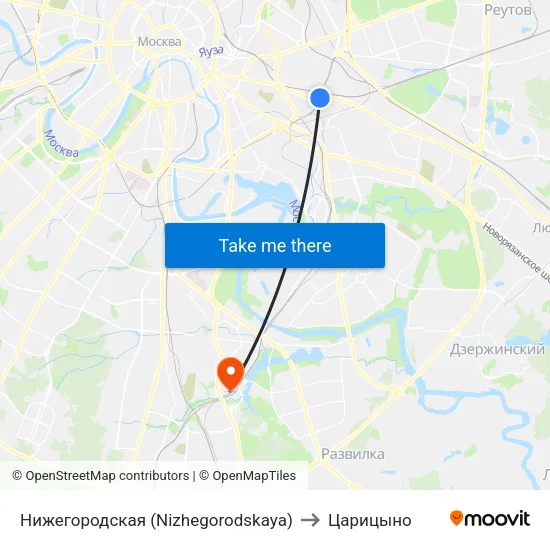 Нижегородская (Nizhegorodskaya) to Царицыно map
