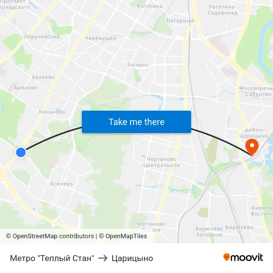 Метро "Теплый Стан" to Царицыно map