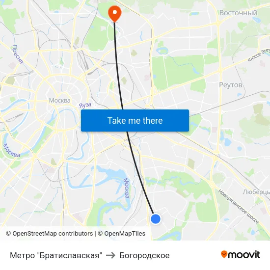 Метро "Братиславская" to Богородское map
