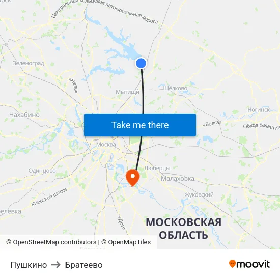Пушкино to Братеево map