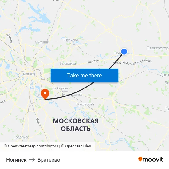 Ногинск to Братеево map