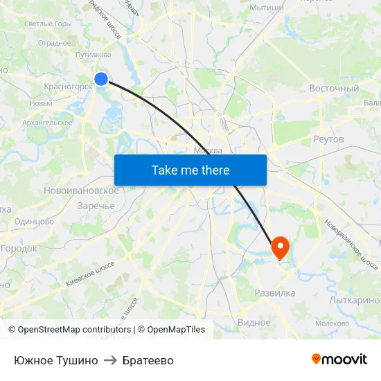 Южное Тушино to Братеево map