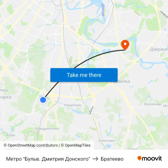 Метро "Бульв. Дмитрия Донского" to Братеево map