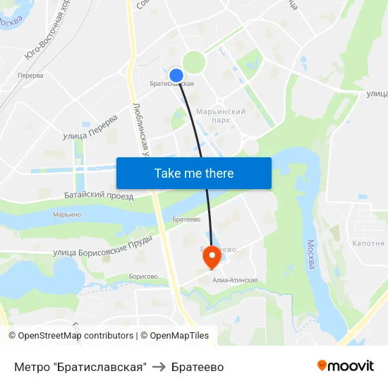 Метро "Братиславская" to Братеево map