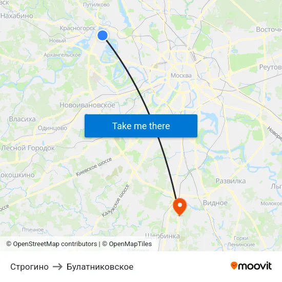 Строгино to Булатниковское map