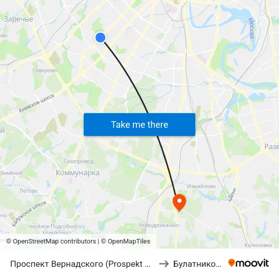 Проспект Вернадского (Prospekt Vernadskogo) to Булатниковское map