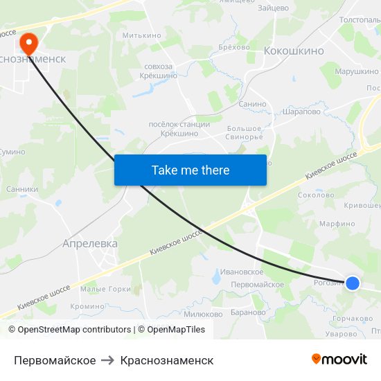 Первомайское to Краснознаменск map