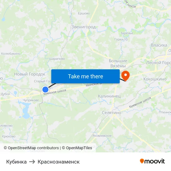 Кубинка to Краснознаменск map