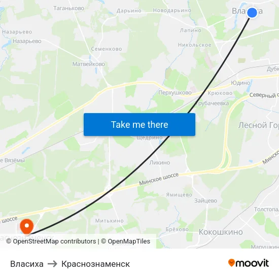 Власиха to Краснознаменск map