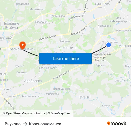 Внуково to Краснознаменск map