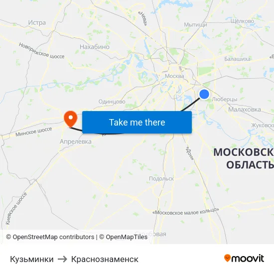 Кузьминки to Краснознаменск map