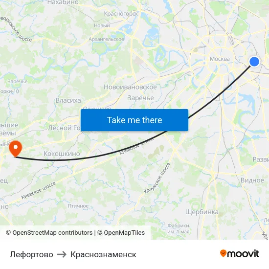 Лефортово to Краснознаменск map