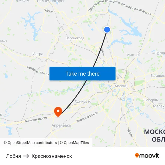 Лобня to Краснознаменск map