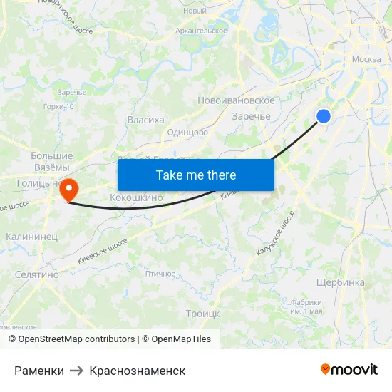 Раменки to Краснознаменск map