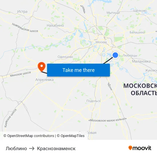 Люблино to Краснознаменск map