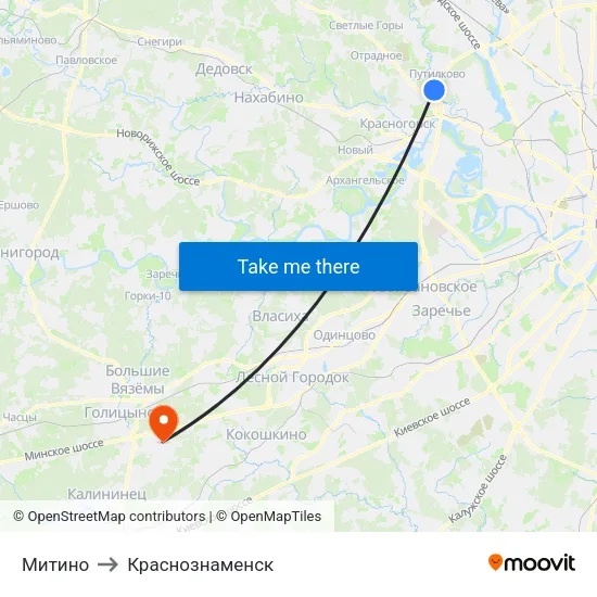 Митино to Краснознаменск map