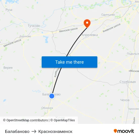 Балабаново to Краснознаменск map