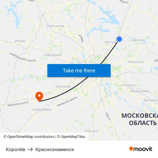 Королёв to Краснознаменск map