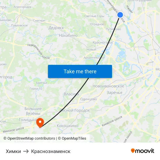 Химки to Краснознаменск map