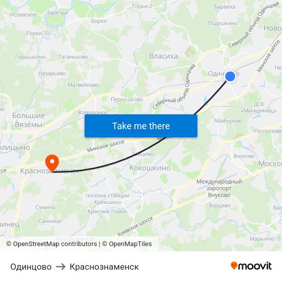 Одинцово to Краснознаменск map